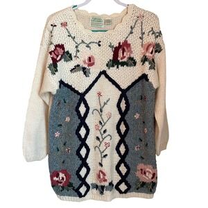 Colleens Collectables Vintage Hand Knitted Floral Sweater Size L Cottagecore